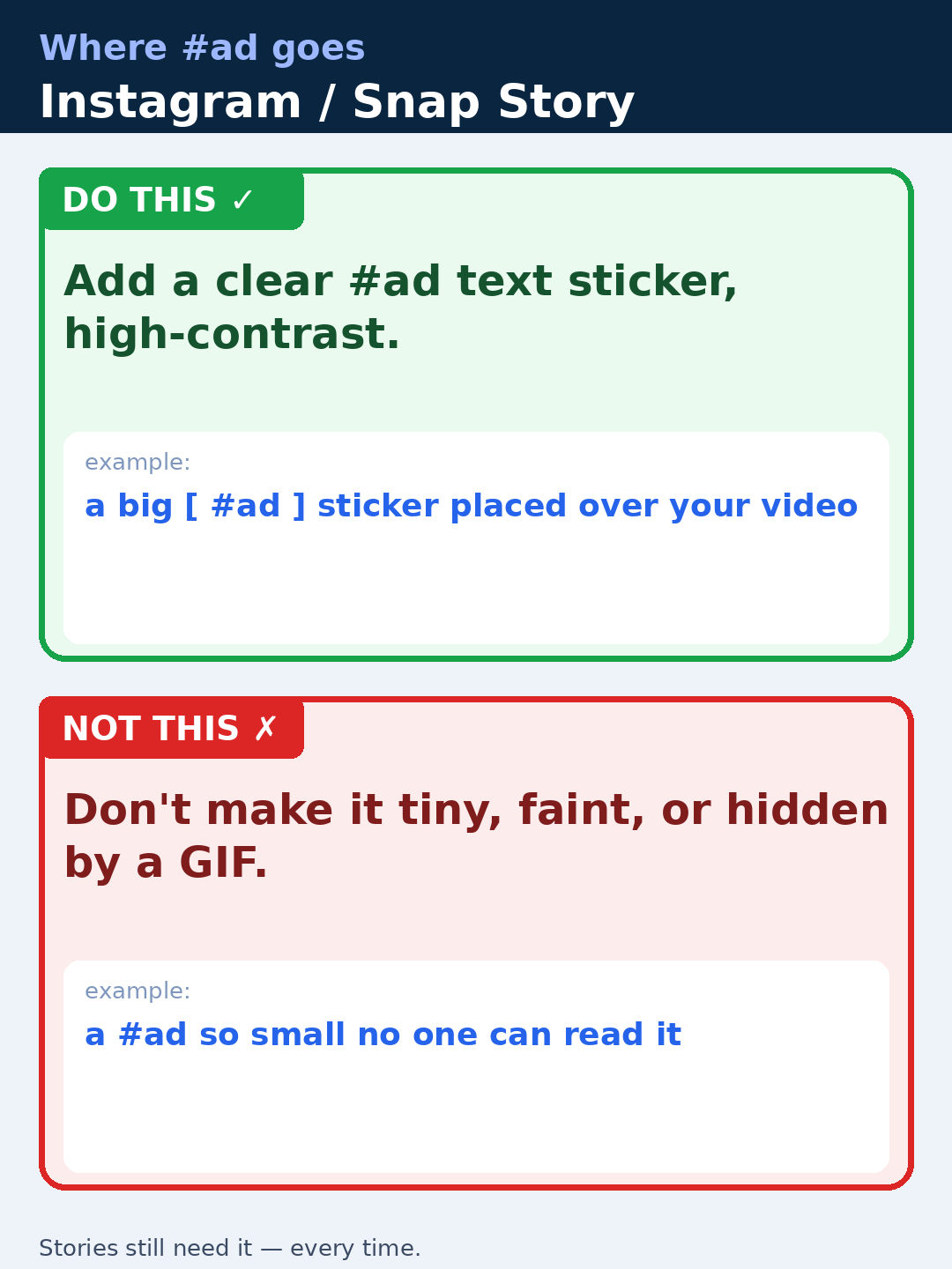 Where #ad goes on an Instagram or Snap story. Do this: add a clear, high-contrast #ad text sticker — a big [#ad] sticker placed over your video. Not this: don't make it tiny, faint, or hidden by a GIF, like an #ad so small no one can read it. Stories still need it, every time.