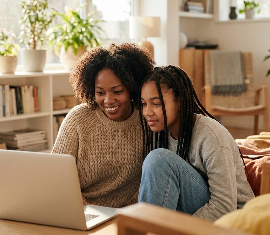 A parent and their teenager looking at a college plan together.