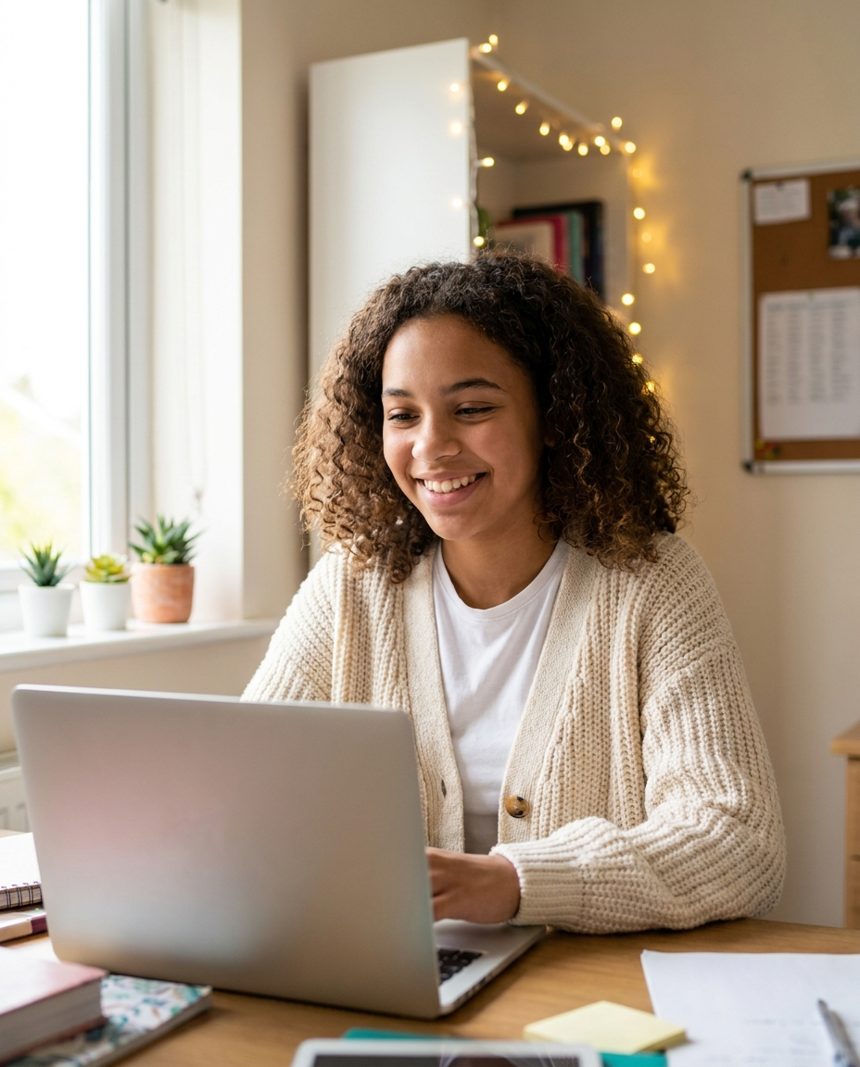 A student working on her college list at her desk at home.