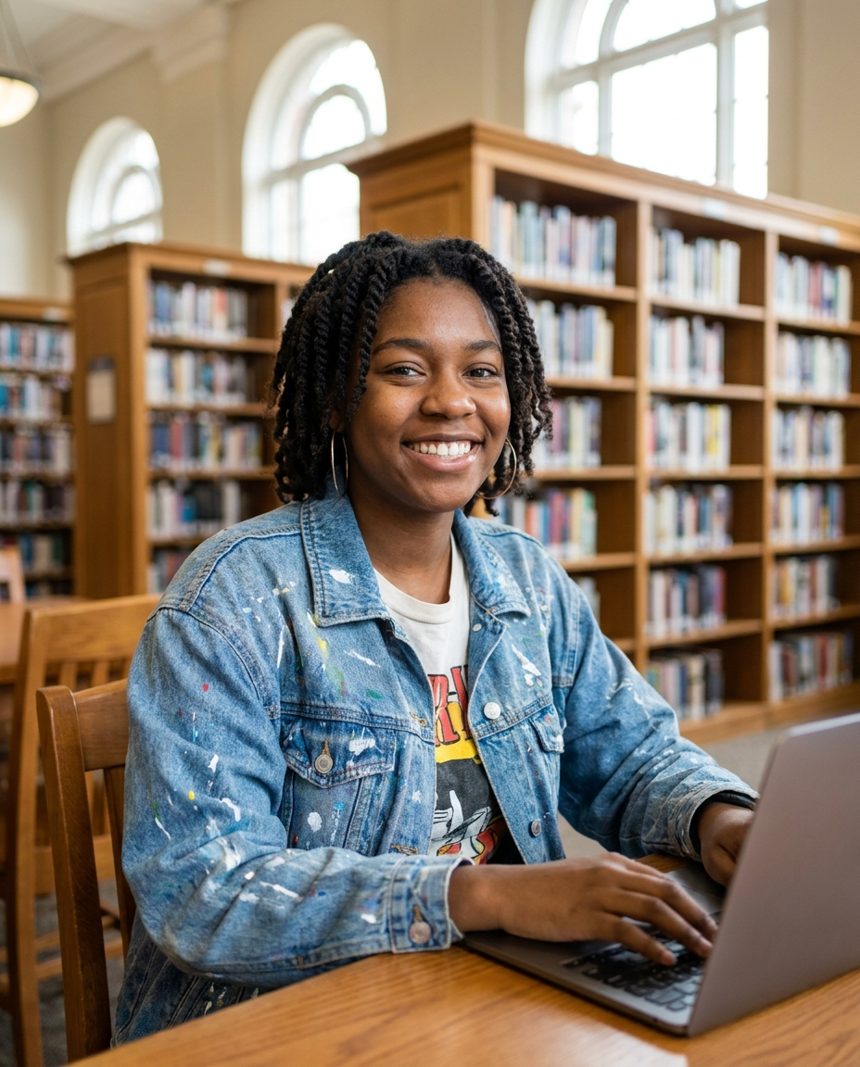 A high-school student working on their college list at a library table.